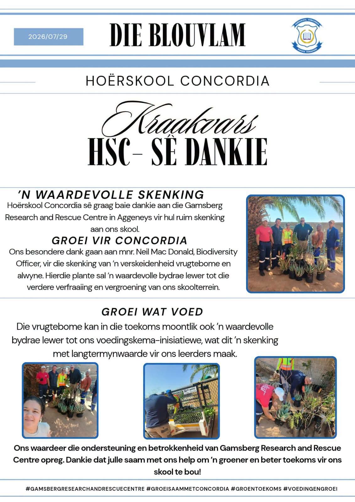 Hoërskool Concordia ontvang waardevolle groen skenking